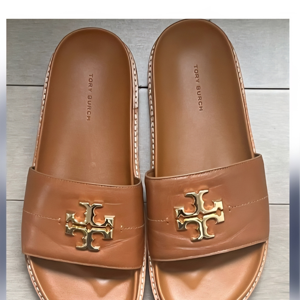 Women's Tan/Gold Everly Anatomic Lug Leather Slide - FREE SHIPPING